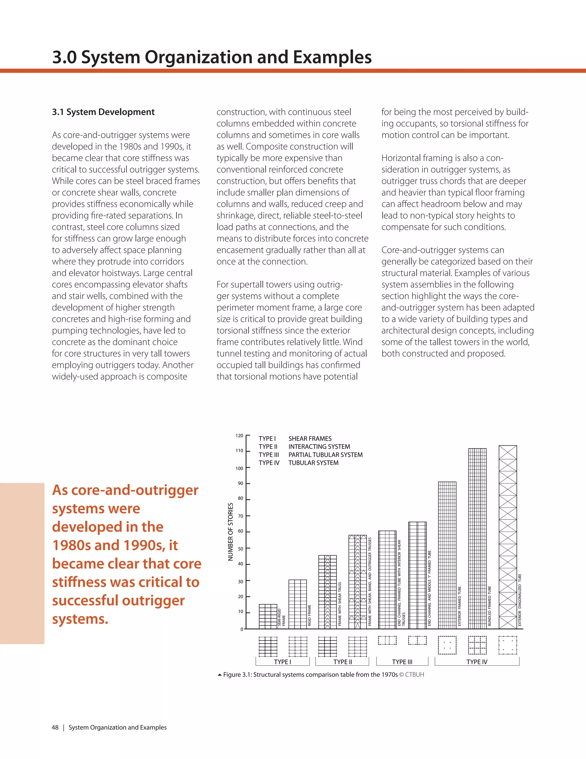 48 | System Organization and Examples
3.0 System Organization and Examples
3.1 System Development
As core-and-outrigger systems were
developed in the 1980s and 1990s, it
became clear that core stiﬀness was
critical to successful outrigger systems.
While cores can be steel braced frames
or concrete shear walls, concrete
provides stiﬀness economically while
providing ﬁre-rated separations. In
contrast, steel core columns sized
for stiﬀness can grow large enough
to adversely aﬀect space planning
where they protrude into corridors
and elevator hoistways. Large central
cores encompassing elevator shafts
and stair wells, combined with the
development of higher strength
concretes and high-rise forming and
pumping technologies, have led to
concrete as the dominant choice
for core structures in very tall towers
employing outriggers today. Another
widely-used approach is composite
120
110
100
90
80
70
60
50
40
30
20
10
0
NUMBEROFSTORIES
TYPE I TYPE IVTYPE IIITYPE II
TYPE I SHEAR FRAMES
TYPE II INTERACTING SYSTEM
TYPE III PARTIAL TUBULAR SYSTEM
TYPE IV TUBULAR SYSTEM
SEMI-RIGID
FRAME
RIGIDFRAME
FRAMEWITHSHEARTRUSS
FRAMEWITHSHEAR,BAND,ANDOUTRIGGERTRUSSES
ENDCHANNELFRAMEDTUBEWITHINTERIORSHEAR
TRUSSES
ENDCHANNELANDMIDDLE“I”FRAMEDTUBE
EXTERIORFRAMEDTUBE
BUNDLEDFRAMEDTUBE
EXTERIORDIAGONALIZEDTUBE
Figure 3.1: Structural systems comparison table from the 1970s © CTBUH
construction, with continuous steel
columns embedded within concrete
columns and sometimes in core walls
as well. Composite construction will
typically be more expensive than
conventional reinforced concrete
construction, but oﬀers beneﬁts that
include smaller plan dimensions of
columns and walls, reduced creep and
shrinkage, direct, reliable steel-to-steel
load paths at connections, and the
means to distribute forces into concrete
encasement gradually rather than all at
once at the connection.
For supertall towers using outrig-
ger systems without a complete
perimeter moment frame, a large core
size is critical to provide great building
torsional stiﬀness since the exterior
frame contributes relatively little. Wind
tunnel testing and monitoring of actual
occupied tall buildings has conﬁrmed
that torsional motions have potential
for being the most perceived by build-
ing occupants, so torsional stiﬀness for
motion control can be important.
Horizontal framing is also a con-
sideration in outrigger systems, as
outrigger truss chords that are deeper
and heavier than typical ﬂoor framing
can aﬀect headroom below and may
lead to non-typical story heights to
compensate for such conditions.
Core-and-outrigger systems can
generally be categorized based on their
structural material. Examples of various
system assemblies in the following
section highlight the ways the core-
and-outrigger system has been adapted
to a wide variety of building types and
architectural design concepts, including
some of the tallest towers in the world,
both constructed and proposed.
As core-and-outrigger
systems were
developed in the
1980s and 1990s, it
became clear that core
stiffness was critical to
successful outrigger
systems.
 
