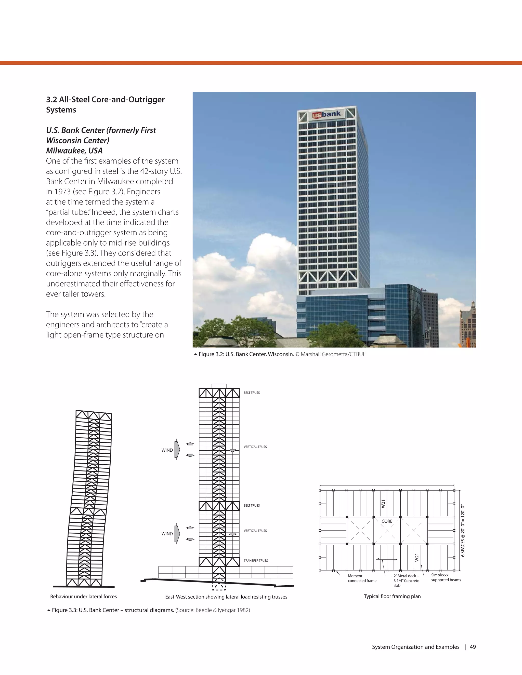 System Organization and Examples | 49
Figure 3.2: U.S. Bank Center, Wisconsin. © Marshall Gerometta/CTBUH
WIND
WIND
BELT TRUSS
BELT TRUSS
VERTICAL TRUSS
VERTICAL TRUSS
TRANSFER TRUSS
East-West section showing lateral load resisting trussesBehaviour under lateral forces
CORE
W21
W21
Simplxxxx
supported beams
Moment
connected frame
2”Metal deck +
3 1/4”Concrete
slab
6SPACES@20’-0”=120’-0”
Typical floor framing plan
Figure 3.3: U.S. Bank Center – structural diagrams. (Source: Beedle & Iyengar 1982)
3.2 All-Steel Core-and-Outrigger
Systems
U.S. Bank Center (formerly First
Wisconsin Center)
Milwaukee, USA
One of the ﬁrst examples of the system
as conﬁgured in steel is the 42-story U.S.
Bank Center in Milwaukee completed
in 1973 (see Figure 3.2). Engineers
at the time termed the system a
“partial tube.”Indeed, the system charts
developed at the time indicated the
core-and-outrigger system as being
applicable only to mid-rise buildings
(see Figure 3.3). They considered that
outriggers extended the useful range of
core-alone systems only marginally. This
underestimated their eﬀectiveness for
ever taller towers.
The system was selected by the
engineers and architects to“create a
light open-frame type structure on
 