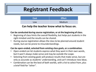 Registrant Feedback
                       Cost                           Effort
                        Low                          Medium
            Can help the teacher know what to focus on.

Can be conducted during course registration, or at the beginning of class.
• Beginning of class limits the overall flexibility, but helps put students in the
  right mindset and the results can be shared.
• During course registration allows the class to be planned around student
  needs, but can be prone to misunderstandings.
Can be open-ended, selected from existing class goals, or a combination.
• Open-ended can let students express what they want in their own words,
  but it won’t always make sense and may be outside the scope.
• Selecting from existing goals will produce results that make sense, but are
  only as accurate as students’ understanding, and can’t introduce new ideas.
• Combination can be the best of both worlds, with a list to select from, plus
  a brief field for “other”.
 