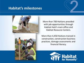 Habitat’s milestones


                       More than 700 Haitians provided
                        with job opportunities through
                        Habitat Haiti’s main office and
                          Habitat Resource Centers.

                   More than 4,450 Haitians trained in
                   construction, construction business
                   practices, damage assessments and
                             financial literacy.
 