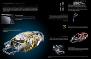 Available at Maita Mazda
                                                                                                                                                                                                                                                                                             2410 Auburn Blvd
Our engineers went crazy to give you peace of mind.
                                                                                                                                                                                                                                                                                             Sacramento, CA 95821
                                                                                                                                                                                                                                                                          Advanced Braking Technologies
To what lengths should a car go to help keep you safe? Insane lengths, thanks to our obsessive engineers. The numerous active                                                                                                                                             A comprehensive set800-493-6103
                                                                                                                                                                                                                                                                                             of advanced braking technologies comes standard
                                                                                                                                                                                                                                                                          on the CX-9. Large 4-wheel disc brakes promote linear, fade-resistant
and passive safety features in the CX-9 are painstakingly crafted to give you and your family one feeling: peace of mind.                                                                                                                                                 stopping power. An Anti-lock Brake System pulses the brakes hundreds of
Active whiplash-reducing front-seat headrests, three-point seatbelts for all seven positions, side-impact door beams, front and                                                                                                                                           times per second, preventing wheel lockup so you can make controlled stops.
                                                                                                                                                                                                                                                                          Electronic Brakeforce Distribution automatically applies force to individual
rear crumple zones, dual LATCH child-safety seat anchors and tethers in the second-row—and we’re only just beginning.
                                                                                                                                                                                                                                                                          brakes based on changing road conditions, helping to keep you in control.
A standard collapsible steering column absorbs energy in the event of a heavy frontal impact, while a foldaway brake assembly                                                                                                                                             And in emergency situations, Brake Assist automatically increases braking
reduces the risk of serious injuries to the ankle and leg. These are just a few of the specialized anticipatory safety features                                                                                                                                           pressure, thereby reducing stopping distance.

you’ll find on your CX-9.




                                                                                                                                                                                             Enhanced Stability & Control
                                                   Blind Spot Monitoring System*
                                                                                                                                              The Traction Control System detects wheelspin, then reduces engine power
                                                   The system uses radar sensors to detect objects in your left or right blind spots
                                                                                                                                                 to help improve traction when accelerating in slippery conditions. Dynamic
                                                   and then alerts you with a warning light that appears in the appropriate side
                                                                                                                                             Stability Control‡ modulates the engine and brakes when over- or understeer is
                                                   mirror. If you signal a lane change while an object is there, the light blinks and
                                                                                                                                           detected, helping to keep you on your intended path while cornering. And during
                                                   a cabin warning chime sounds. And it’s technology you won’t find on the Honda
                                                                                                                                                accident-avoidance maneuvers, Roll Stability Control uses on-board roll-rate
                                                   Pilot or Toyota Highlander.
                                                                                                                                           sensors to monitor vehicle movement and automatically apply the brakes to help
                                                                                                                                                                                                       keep the CX-9 stable.




                                                                                                                                                                                                                                                                           Tire Pressure Monitoring System
                                                                                                                                                                                                                                                                           Designed to monitor air pressure in real time, the Tire-Pressure Monitoring
                                                                                                                                                                                                                                                                           System automatically alerts you before one or more tires become critically low.
Six Standard Air Bags†
Advanced dual front air bags that utilize inflators with both crash-zone and
driver’s seat/passenger weight sensors are standard on all CX-9 models—as are
dual side airbags and dual side-impact air curtains with coverage for front
and rear passengers.




                                                                                                                                                                                                 “Triple H” Body Construction
                                                                                                                                                    By adding extra steel reinforcements to critical areas of the body, Mazda’s
                                                                                                                                                  “Triple H” body construction system enhances structural integrity, impact
                                                                                                                                                   protection and rigidity for superior handling. In key areas, the CX-9 also uses
                                                                                                                                                 high-tensile steel, which is stronger and more rigid than conventional steel.




                                                                                                                                                                                                                                                                           Clearer Nighttime Vision
                                                                                                                                                                                                                                                                           Standard on Grand Touring models, the auto on/off Xenon High-Intensity-Discharge
                                                                                                                                                                                                                                                                           low-beam headlights automatically provide you with enhanced low-beam nighttime
                                                                                                                                                                                                                                                                           illumination. No need to even take your hands off the wheel.




                                                                                                                                        *Always check your mirrors. Be aware of the traffic around you. †Always wear your seat belt and secure children in the rear seat in appropriate child restraints. ‡Dynamic Stability Control (DSC) is an electronic system designed to help the driver maintain
                                                                                                                                         control under adverse conditions. It is not a substitute for safe driving practices. Factors including speed, road conditions and driver steering input can all affect whether DSC will be effective in preventing loss of control. Please see your owner’s manual
                                                                                                                                         for further details.
 