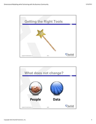 Dimensional Modeling while Partnering with the Business Community                         2/16/2012




                                         Getting the Right Tools




                               Copyright 2012 StarSoft Solutions, Inc.   Slide 7




                                         What does not change?




                                                            People                 Data
                               Copyright 2012 StarSoft Solutions, Inc.   Slide 8




Copyright 2012 StarSoft Solutions, Inc.                                                          4
 
