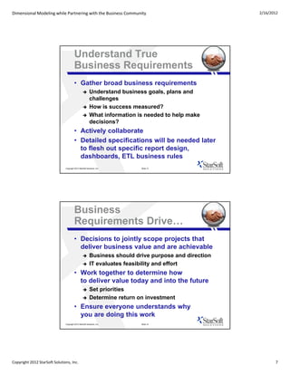 Dimensional Modeling while Partnering with the Business Community                                       2/16/2012




                                         Understand True
                                         Business Requirements
                                         • Gather broad business requirements
                                                         Understand business goals, plans and
                                                          challenges
                                                         How is success measured?
                                                         What information is needed to help make
                                                          decisions?
                                         • Actively collaborate
                                         • Detailed specifications will be needed later
                                           to flesh out specific report design,
                                           dashboards, ETL business rules
                               Copyright 2012 StarSoft Solutions, Inc.      Slide 13




                                         Business
                                         Requirements Drive…
                                         • Decisions to jointly scope projects that
                                           deliver business value and are achievable
                                                         Business should drive purpose and direction
                                                         IT evaluates feasibility and effort
                                         • Work together to determine how
                                           to deliver value today and into the future
                                                         Set priorities
                                                         Determine return on investment
                                         • Ensure everyone understands why
                                           you are doing this work
                               Copyright 2012 StarSoft Solutions, Inc.      Slide 14




Copyright 2012 StarSoft Solutions, Inc.                                                                        7
 
