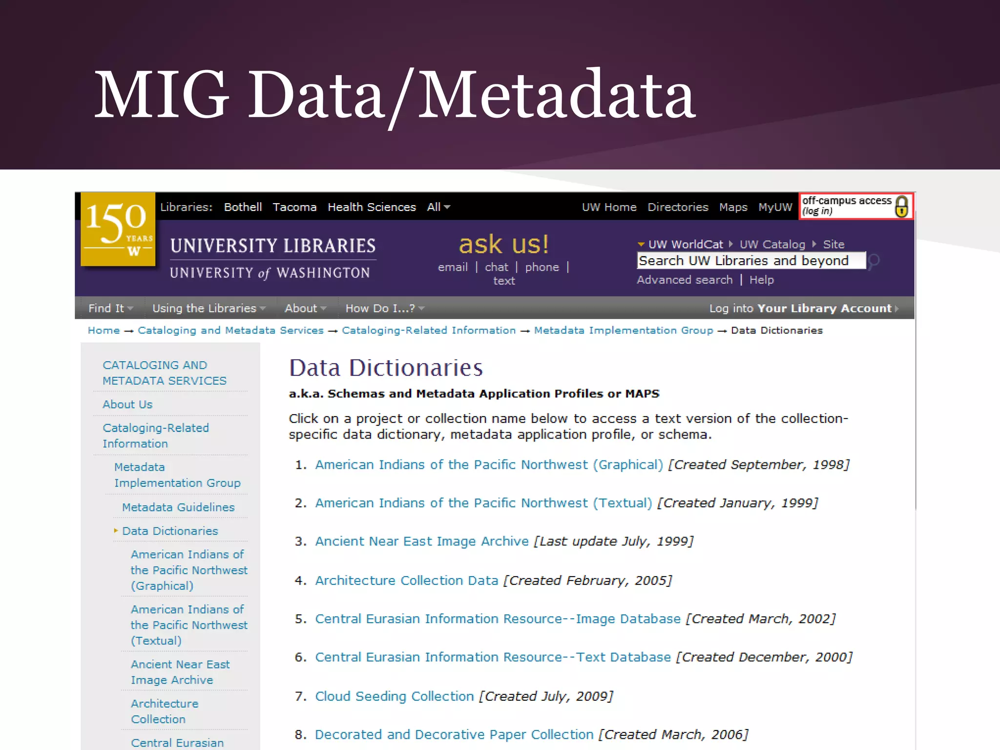 MIG Data/Metadata
 