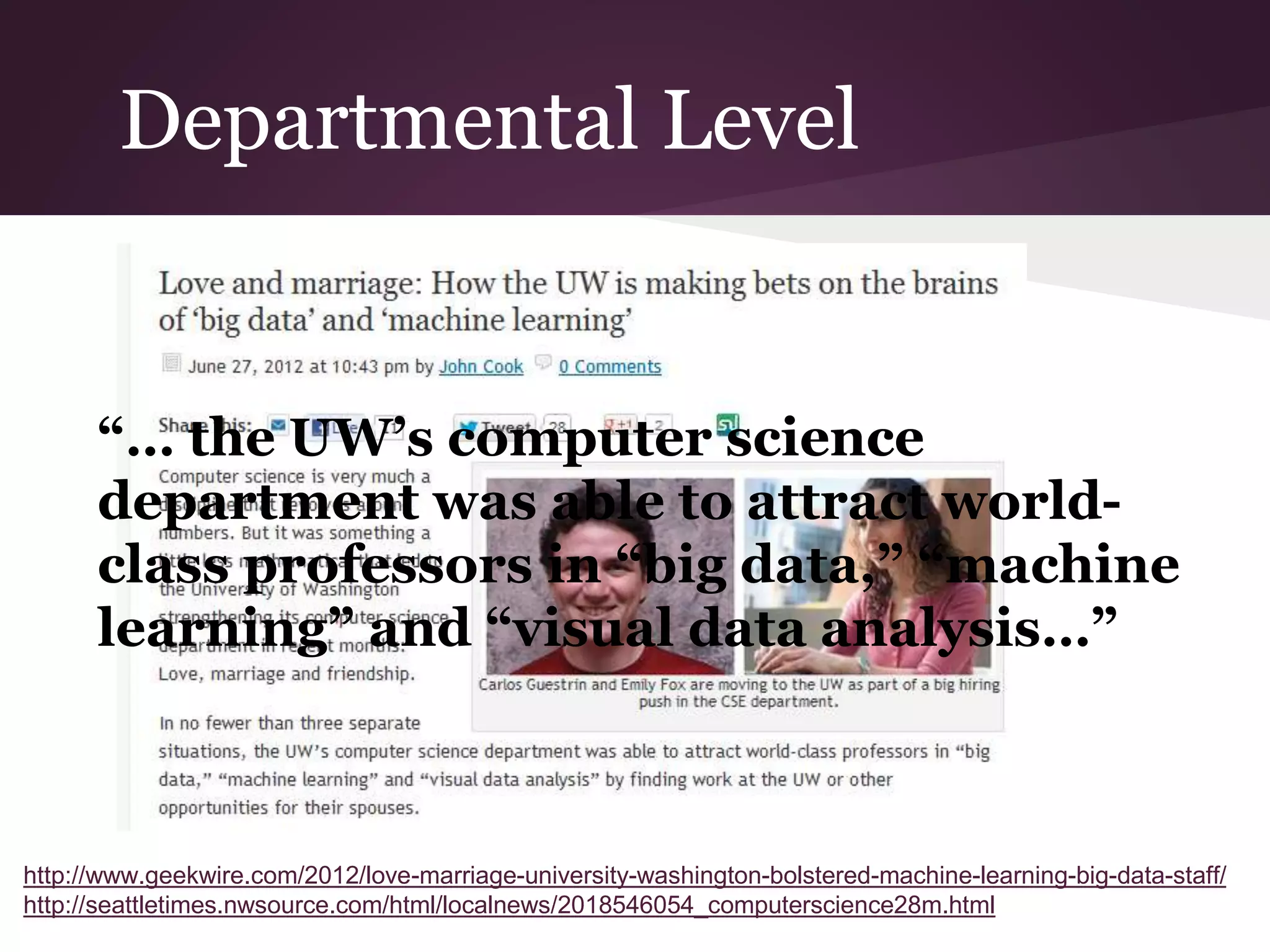 Departmental Level
“… the UW’s computer science
department was able to attract world-
class professors in “big data,” “machine
learning” and “visual data analysis…”
http://www.geekwire.com/2012/love-marriage-university-washington-bolstered-machine-learning-big-data-staff/
http://seattletimes.nwsource.com/html/localnews/2018546054_computerscience28m.html
 