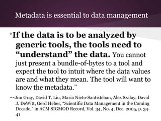 Metadata is essential to data management
“If the data is to be analyzed by
generic tools, the tools need to
“understand” the data. You cannot
just present a bundle-of-bytes to a tool and
expect the tool to intuit where the data values
are and what they mean. The tool will want to
know the metadata.”
--Jim Gray, David T. Liu, Maria Nieto-Santisteban, Alex Szalay, David
J. DeWitt, Gerd Heber, “Scientific Data Management in the Coming
Decade,” in ACM SIGMOD Record, Vol. 34, No. 4, Dec. 2005, p. 34-
41
 