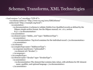 Schemas, Transforms, XML Technologies
<?xml version="1.0" encoding="UTF-8"?>
<xs:schema xmlns:xs="http://www.w3.org/2001/XMLSchema"
xmlns:local="http://example.org/local">
<xs:annotation>
<xs:documentation>A schema to validate Dublin Core Qualified records as defined by the
DSpace simple archive format. See the DSpace manual, ver. 1.6.1, section
8.3.1.</xs:documentation>
</xs:annotation>
<xs:element name="dublin_core" type="dublincoreType">
<xs:annotation>
<xs:documentation> Top level container for the individual record </xs:documentation>
</xs:annotation>
</xs:element>
<xs:complexType name="dublincoreType">
<xs:sequence maxOccurs="unbounded">
<xs:element ref="dcvalue"/>
</xs:sequence>
</xs:complexType>
<xs:element name="dcvalue" type="dcvalueType">
<xs:annotation>
<xs:documentation>The element that contains data values, with attributes for DC element
name, qualifier, and optional language.</xs:documentation>
</xs:annotation>
 