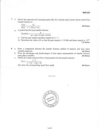 06ES43


7 a.   Derive the expression for resonance peak (Mr) for a second order system whose closed loop
       transfer function is
                              2
           c(s)
           _=               wn
                                                                                       (08 Marks)
           R(s)     s2   + 2sw,s +   wi
  b.   A system has the loop transfer function
           G(s)H(s)
                          s(l + s)(1 + 0. 1s)(1 + 0.0Is)
       i) Find the gain margin and phase margin for k :      1

       ii) Determine the values of k so that the gain margin is +10 dBs and phase margin is +25'.
                                                                                       (12 Marks)



8 a.   Draw a comparison between the transfer function method of analysis and-state        space
       variables approach.                                                            (06 Marks)
  b.   Write the advantages and disadvantages of state space representation of transfer function
       using phase variables.                                                         (06 Marks)
  c.   Obtain the Jordan canonical form of presentation for the transfer function
                            s+3
           G(s) =
                  s3 + 9x2 +24s +20
       Also draw the corresponding signal flow graph.                                  (08 Marks)




                                                   3   of3
 