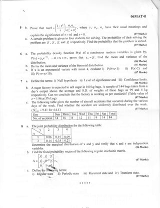 t
                                                                                                                               

                                                                                                             O6MAT41


    5 b.   prove that     tan   e=(l-t'l++,                    where      y, o,, o,    have their usual meanings and
                                  I r /o;+o;
           explain the significance of r = t1 and             r: 0'                           (07 Marks)

      c.   A certainproil.- is givento four students for solving. The   probability of their solving the
                           f
           problem are , % ,        and /, respectively. Find the probability that the problem is solved.
                                       i,                                                                      (07   llarks)

            The probability density function P(x) of a continuous random variables is
                                                                                      given by,
      a.
            P(x) = Yne , -oo<x<co, prove that Yo=/z' Find the mean and variance
                     -t.l                                                                of the
                                                                                                               (06 Marks)
            distribution.
                                                                                                               (07 Marks)
      b.    Derive the mean and variance of the binomial distribution.
      c.    If x is an exponential variate with mean 4, evaluate i)                     P(0<x<1)       ii)   P(x>2)     and
                                                                                                               (07 Marks)
            iii) P(-m<x<l0).
    7 a.    Define the terms:        i) Null hypothesis ii)         Level of significance   and iii)   Confidence limits.
                                                                                                              (06 Marks)
                                                                                                  144 bags taken from a
            A sugar factory is expected to sell sugar in 100 kg bags' A sample of
            day'i output ,ho*r'the averag. ,nd S.D. of weights of these bags as 99 and 4 kg
                                                                                         (Table value of
            respectively. Can we conclud. tt ut the factory is working as per standards?
            ,: t.ga at S%oLog)                                                                Q7 Marks)
                                                                                                 various
      c.    The following table gives the number of aircraft accidents that occurred during the
                          -week.
            days of the           iind ,rh.ther the accident are uniformly distributed over the week.
                                                                                              (07 Marks)
            ( X3o, = 9 '41 for 4 d'f')

              Day               Sun Mon Tue Wed Thu Fri Sat Total
             No. of accident          t4      t6       8       t2        11   9   l4      84


    8a.     The ioint            bi itv dtstrtibution for the following table:
                                                  lo
                                       1
                     v     2           J           4
             x
                 1        0.06        0.15     0.09
                 2        0.14        0.35     0.21
            Determine the marginal distribution of x and y and verifY that x and Y are
                                                                                          independent
                                                                                            (06 Marks)
            variables.
       b.   Find the fixed probability vector of the following regular stochastic matrix.
                          y^
                 ly,            %
                                                                                                                (07 Marks)
             A =l Y, .,9'o      /,
                     Io   1,;aQ
       c.    Define the
                     I

             i) Regular state           ii)   Periodic     state iii) Recunent    state   and iv) Transient   state.
                           r,fi*..                                                                               (07 Marks)

                                                               ***{<r<
 