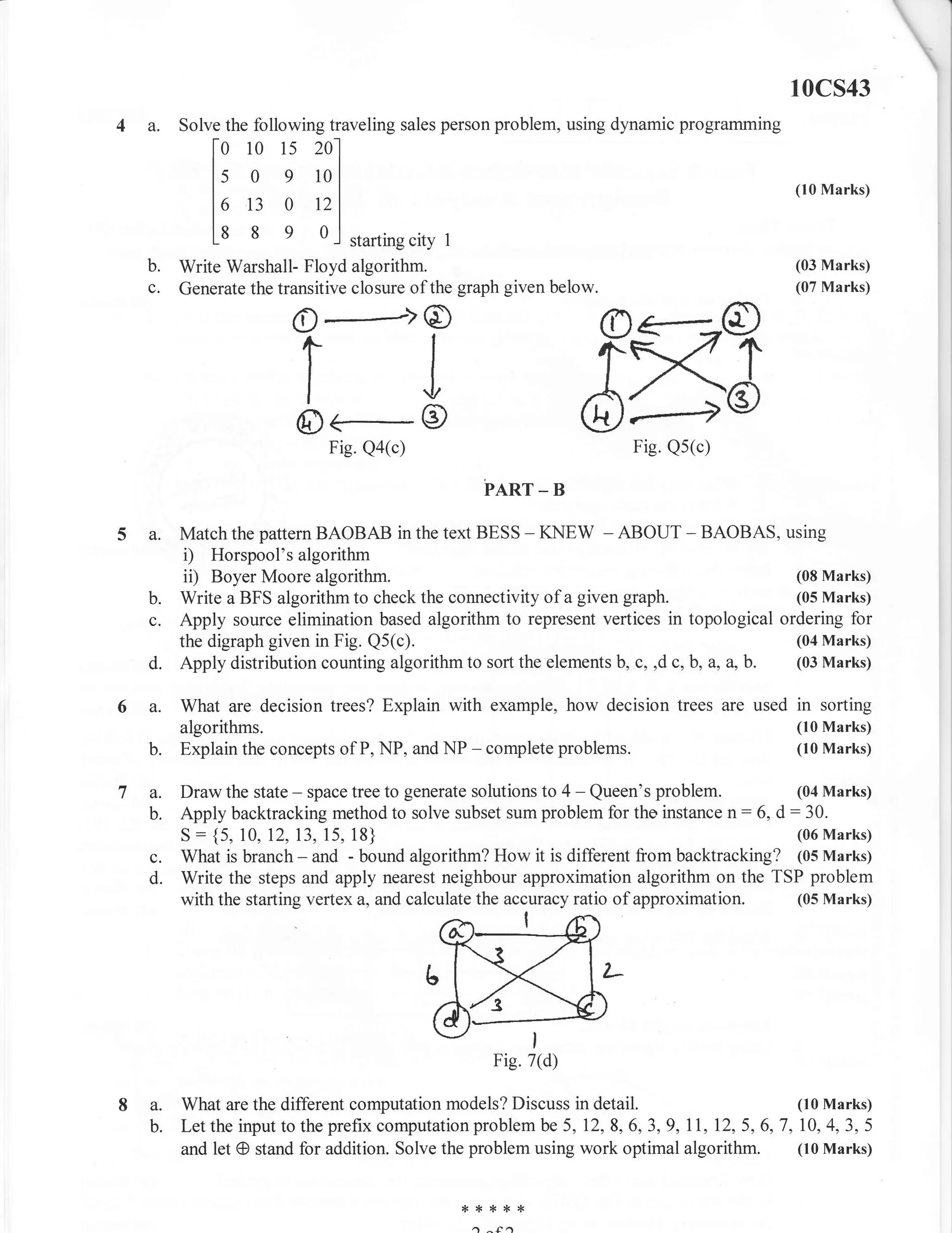 l0cs43
4 a.     Solve the following traveling sales person problem, using dynamic programming
               [o   10 15 2of
               lr o e 1oI                                                                  (10 Marks)
               lu 13 o     0l
               tt
               L8 8 9       o   -l starring city   I
    b.   Write Warshall- Floyd algorithm.                                                  (03 Marks)
    c.   Generate the transitive closure of the graph given below.                         (07 Marks)


                                                                         rrl-O
                         IJ
                        O----*->O

                         O+O    Fig. Qa(c)
                                                                         TYT
                                                                         d.;o
                                                                          Fig. Qs(c)

                                                           PART _ B

    a.   Matchthe pattern BAOBAB in the text BESS - KNEW - ABOUT - BAOBAS, using
          i) Horspool'salgorithm
          ii) Boyer Moore algorithm.                                                       (08 Marks)
    b.   Write a BFS algorithm   to check the connectivity of a given graph.               (05 Marks)
    c.   Apply source elimination based algorithm to represent vertices in topological ordering for
         the digraph given in Fig. Q5(c).                                                  (04 Marks)
    d.   Apply distribution counting algorithm to sort the elements b, c, ,d c, b, a, a,b. (03 Marks)


6 a.     What are decision trees? Explain with example, how decision trees are used        in   sorting
         algorithms.                                                                       (10 Marks)
    b.   Explain the concepts of P, NP, and NP          - complete problems.               (10 Marks)


7 a.     Draw the state - space tree to generate solutions to 4 - Queen's problem.        (04 Marks)
  b.     Apply backtracking method to solve subset sum problem for tho instance n : 6, d : 30.
           :
         S {5, 10,12,13, 15, 18}                                                          (06 Marks)
    c.   What is branch - and - bound algorithm? How it is different from backtracking? (05 Marks)
    d.   Write the steps and apply nearest neighbour approximation algorithm on the TSP problem
         with the starting vertex a, and calculate the accuracy ratio of approximation. (05 Marks)




                                                             Fig. 7(d)

8        What are the different computation models? Discuss in detail.                      (10 Marks)
         Let the input to the prefix computation problem be 5, 12,8, 6,3,9, ll, 12, 5, 6,7, 10, 4,3, 5
         and let @ stand for addition. Solve the problem using work optimal algorithm. (10 Marks)


                                                       **{<rf{.
                                                         a
 