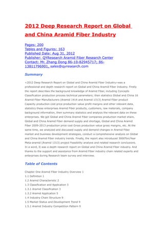 2012 Deep Research Report on Global
and China Aramid Fiber Industry
Pages: 200
Tables and Figures: 163
Published Date: Aug 31, 2012
Publisher: QYResearch Aramid Fiber Research Center
Contact: Mr. Zhang Dong 86-10-82945717; 86-
13811796901, sales@qyresearch.com

Summary

<2012 Deep Research Report on Global and China Aramid Fiber Industry>was a
professional and depth research report on Global and China Aramid Fiber Industry. Firstly
the report describes the background knowledge of Aramid Fiber, including Concepts
Classification production process technical parameters; then statistics Global and China 16
Aramid Fiber Manufacturers (Aramid 1414 and Aramid 1313) Aramid Fiber product
Capacity production cost price production value profit margins and other relevant data,
statistics these enterprises Aramid Fiber products, customers, raw materials, company
background information, then summary statistics and analysis the relevant data on these
enterprises. We got Global and China Aramid Fiber companies production market share,
Global and China Aramid Fiber demand supply and shortage, Global and China Aramid
Fiber 2009-2013 production price cost Gross production value gross margins, etc. At the
same time, we analyzed and discussed supply and demand changes in Aramid Fiber
market and business development strategies, conduct a comprehensive analysis on Global
and China Aramid Fiber industry trends. Finally, the report also introduced 3000Ton/Year
Meta-aramid (Aramid 1313) project Feasibility analysis and related research conclusions.
In a word, It was a depth research report on Global and China Aramid Fiber industry. And
thanks to the support and assistance from Aramid Fiber industry chain related experts and
enterprises during Research team survey and interview.


Table of Contents

Chapter One Aramid Fiber Industry Overview 1
1.1 Definition 1
1.2 Aramid Characteristic 2
1.3 Classification and Application 3
1.3.1 Aramid Classification 3
1.3.2 Aramid Application 5
1.4 Industry Chain Structure 9
1.5 Market Status and Development Trend 9
1.5.1 Aramid Industry Competition Pattern 9
 
