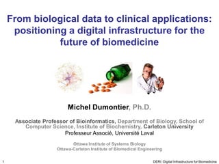 From biological data to clinical applications:
     positioning a digital infrastructure for the
               future of biomedicine




                         Michel Dumontier, Ph.D.
     Associate Professor of Bioinformatics, Department of Biology, School of
        Computer Science, Institute of Biochemistry, Carleton University
                       Professeur Associé, Université Laval
                           Ottawa Institute of Systems Biology
                    Ottawa-Carleton Institute of Biomedical Engineering

1                                                                 DERI::Digital Infrastructure for Biomedicine
 