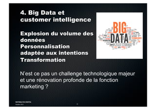 MATINALE DU DIGITAL
Octobre 2012 12
4. Big Data et
customer intelligence
Explosion du volume des
données
Personnalisation
adaptée aux intentions
Transformation
N’est ce pas un challenge technologique majeur
et une rénovation profonde de la fonction
marketing ?
 