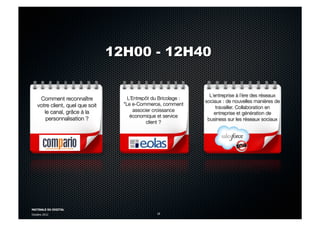 MATINALE DU DIGITAL
Octobre 2012 18
Comment reconnaître
votre client, quel que soit
le canal, grâce à la
personnalisation ?
L´Entrepôt du Bricolage : #
"Le e-Commerce, comment
associer croissance
économique et service
client ?
L´entreprise à l´ère des réseaux
sociaux : de nouvelles manières de
travailler. Collaboration en
entreprise et génération de
business sur les réseaux sociaux
12H00 - 12H40
 