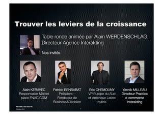 MATINALE DU DIGITAL
Octobre 2012 3
Trouver les leviers de la croissance
Eric CHEMOUNY
VP Europe du Sud
et Amérique Latine
hybris
Patrick BENSABAT
Président –
Fondateur de
Business&Decision
Yannik MILLEAU
Directeur Practice
e-commerce
Interakting
Alain KERAVEC
Responsable Market
place FNAC.COM
Table ronde animée par Alain WERDENSCHLAG,
Directeur Agence Interakting

Nos invités
 