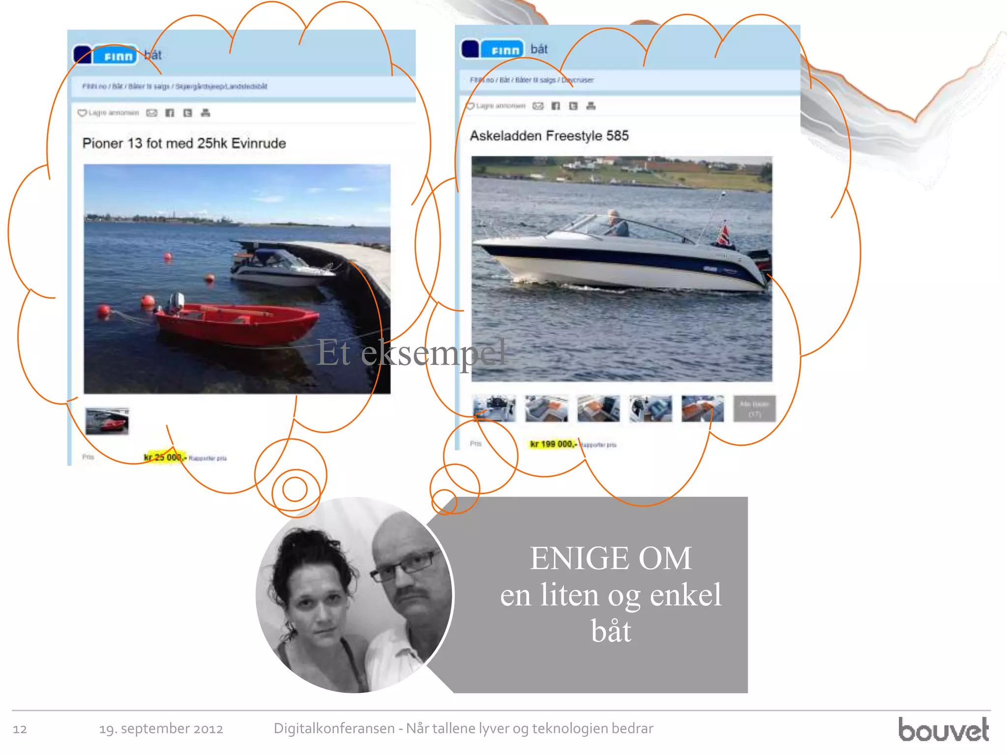 Et eksempel




                                                               ENIGE OM
                                                             en liten og enkel
                                                                    båt

12   19. september 2012   Digitalkonferansen - Når tallene lyver og teknologien bedrar
 