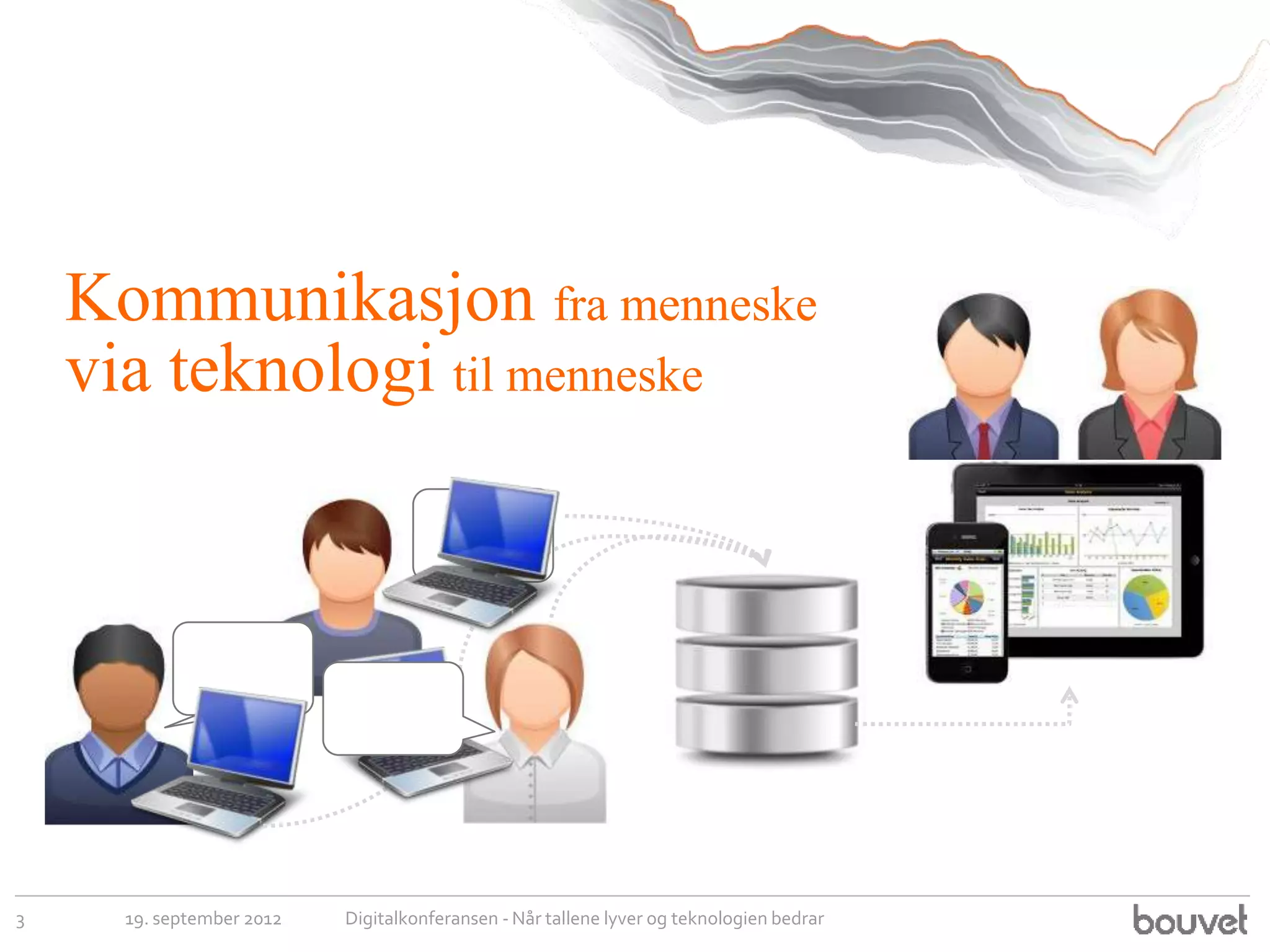 Kommunikasjon fra menneske
    via teknologi til menneske




3     19. september 2012   Digitalkonferansen - Når tallene lyver og teknologien bedrar
 