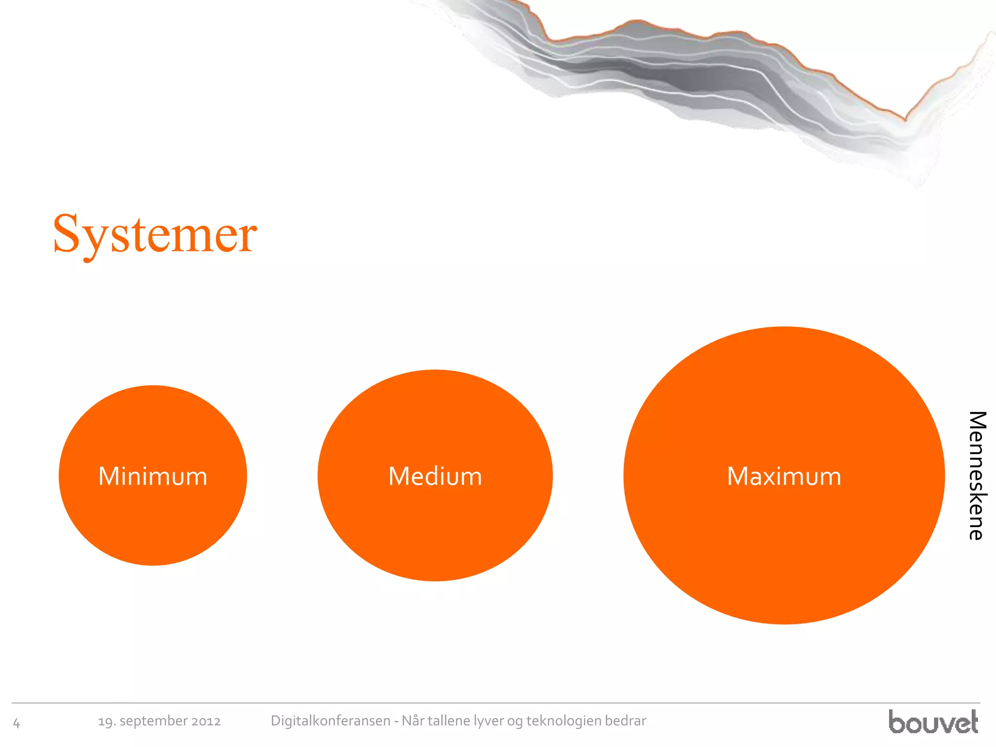 Systemer




                                                                                                   Menneskene
     Minimum                                Medium                                       Maximum




4    19. september 2012   Digitalkonferansen - Når tallene lyver og teknologien bedrar
 