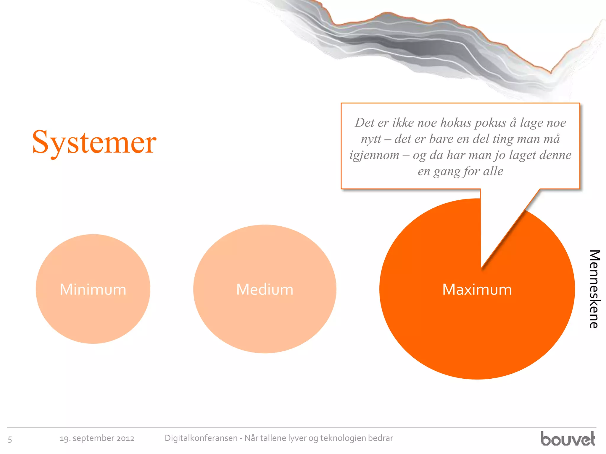 Det er ikke noe hokus pokus å lage noe
    Systemer                                                                nytt – det er bare en del ting man må
                                                                          igjennom – og da har man jo laget denne
                                                                                        en gang for alle




                                                                                                                    Menneskene
     Minimum                                Medium                                        Maximum




5    19. september 2012   Digitalkonferansen - Når tallene lyver og teknologien bedrar
 