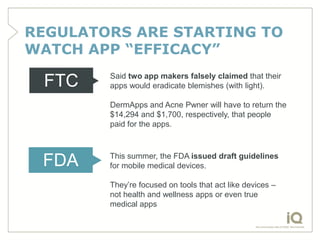 REGULATORS ARE STARTING TO
WATCH APP “EFFICACY”
        Said two app makers falsely claimed that their
 FTC    apps would ...