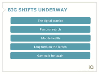 BIG SHIFTS UNDERWAY

          The digital practice

            Personal search

             Mobile health

        Long...