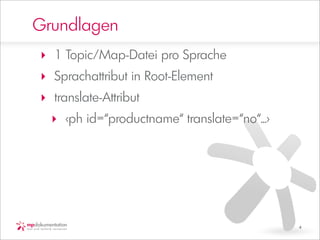 Grundlagen
‣ 1 Topic/Map-Datei pro Sprache
‣ Sprachattribut in Root-Element
‣ translate-Attribut
  ‣ <ph id=“productname“ ...