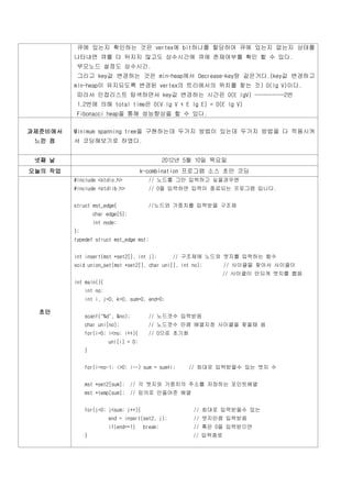 큐에 있는지 확인하는 것은 vertex에 bit하나를 할당하여 큐에 있는지 없는지 상태를
         나타내면 큐를 다 뒤지지 않고도 상수시간에 큐에 존재여부를 확인 할 수 있다.
          부모노드 설정도 상수시간.
          그리고 key값 변경하는 것은 min-heap에서 Decrease-key랑 같은거다.(key값 변경하고
         min-heap이 유지되도록 변경된 vertex의 트리에서의 위치를 찾는 것) O(lg V)이다.
          따라서 인접리스트 탐색하면서 key값 변경하는 시간은 O(E lgV) ----------2번
          1,2번에 의해 total time은 O(V lg V + E lg E) = O(E lg V)
          Fibonacci heap을 통해 성능향상을 할 수 있다.


과제준비에서   Minimum spanning tree을 구현하는데 두가지 방법이 있는데 두가지 방법을 다 적용시켜
 느낀 점    서 코딩해보기로 하였다.


 넷째 날                                          2012년 5월 10일 목요일
오늘의 작업                                k-combination 프로그램 소스 초안 코딩
         #include <stdio.h>             // 노드를 그만 입력하고 싶을경우엔
         #include <stdlib.h>            // 0을 입력하면 입력이 종료되는 프로그램 입니다.


         struct mst_edge{               //노드와 가중치를 입력받을 구조체
                  char edge[5];
                  int node;
         };
         typedef struct mst_edge mst;


         int insert(mst *set2[], int j);         // 구조체에 노드와 엣지를 입력하는 함수
         void union_set(mst *set2[], char uni[], int no);       // 사이클을 찾아서 사이클이
                                                             // 사이클이 안되게 엣지를 뽑음
         int main(){
              int no;
              int i, j=0, k=0, sum=0, end=0;

 초안
              scanf("%d", &no);         // 노드갯수 입력받음
              char uni[no];             // 노드갯수 만큼 배열지정 사이클을 찾을때 씀
              for(i=0; i<no; i++){      // 0으로 초기화
                        uni[i] = 0;
              }


              for(i=no-1; i>0; i--) sum = sum+i;     // 최대로 입력받을수 있는 엣지 수


              mst *set2[sum];     // 각 엣지와 가중치의 주소를 저장하는 포인트배열
              mst *temp[sum];     // 임의로 만들어준 배열


              for(j=0; j<sum; j++){                   // 최대로 입력받을수 있는
                        end = insert(set2, j);        // 엣지만큼 입력받음
                        if(end==1)    break;          // 혹은 0을 입력받으면
              }                                       // 입력종료
 