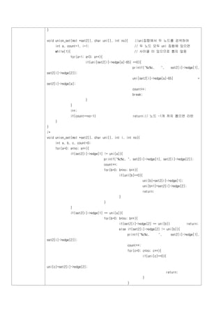 }


void union_set(mst *set2[], char uni[], int no){       //uni집합에서 두 노드를 검색하여
     int a, count=1, i=1;                              // 두 노드 모두 uni 집합에 있으면
     while(1){                                         // 사이클 이 있으므로 뽑지 않음
             for(a=1; a<3; a++){
                      if(uni[set2[i]->edge[a]-65] ==0){
                                                      printf("%c%c,     ",     set2[i]->edge[1],
set2[i]->edge[2]);
                                                      uni[set2[i]->edge[a]-65]                  =
set2[i]->edge[a];
                                                      count++;
                                                      break;
                      }
             }
             i++;
             if(count==no-1)                          return;// 노드 -1개 까지 뽑으면 리턴
     }
}
/*
void union_set(mst *set2[], char uni[], int i, int no){
     int a, b, c, count=0;
     for(a=0; a<no; a++){
             if(set2[i]->edge[1] != uni[a]){
                                   printf("%c%c, ", set2[i]->edge[1], set2[i]->edge[2]);
                                   count++;
                                   for(b=0; b<no; b++){
                                              if(uni[b]==0){
                                                             uni[b]=set2[i]->edge[1];
                                                             uni[b+1]=set2[i]->edge[2];
                                                             return;
                                              }
                                   }
             }
             if(set2[i]->edge[1] == uni[a]){
                                   for(b=0; b<no; b++){
                                              if(set2[i]->edge[2] == uni[b])              return;
                                              else if(set2[i]->edge[2] != uni[b]){
                                                  printf("%c%c,        ",      set2[i]->edge[1],
set2[i]->edge[2]);
                                                  count++;
                                                  for(c=0; c<no; c++){
                                                             if(uni[c]==0){


uni[c]=set2[i]->edge[2];
                                                                             return;
                                                             }
                                                  }
 