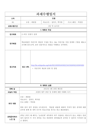 과제수행일지
  소속                                      조원

  B3         조장 : 최완철           자료조사 : 정의수, 백지원           프로그래밍 : 박찬흥

과제수행기간                                3일 약 18시간

                             I. 계획의 작성

 연구제목     2-비트 덧셈기 설계



          학습내용인 가산기의 개념과 구성을 알고, 2bit 가산기를 직접 설계와 구현을 해보고
          조사해 봄으로써, 보다 심층적으로 내용을 이해하고 공부한다.
 연구배경




                    http://ko.wikipedia.org/wiki/%EA%B0%80%EC%82%B0%EA%B8%B0
 참고자료     참고 URL
                    - 가산기의 개념과 종류 및 설명




                             II. 계획의 실행

 첫째 날                            2012년 5월 29일 화요일

오늘의 작업                  조원의 업무 분담 및 과제에 대한 이해와 숙지


         조장 : 최완철
         자료조사 : 정의수, 백지원
         프로그래밍 : 박찬흥
토의 내용

         위와 같이 임무 분담을 나누었으며,           학습할 내용에 대하여 각자가 맡은 분야에 대한
         공부와 함께 몇 개씩 나누어 자료조사를 하기로 하고 해산하였다.


         2학년 1학기 때 배우는 논리설계 과목에서 자주 사용하는 회로도가 있고, 내용도 연관
         성이 있어서 두 가지 과목을 서로 연관하여 생각해보며 공부할 수 있어서 지루하지 않
과제준비에서

         고 좋았다.
 느낀 점
 