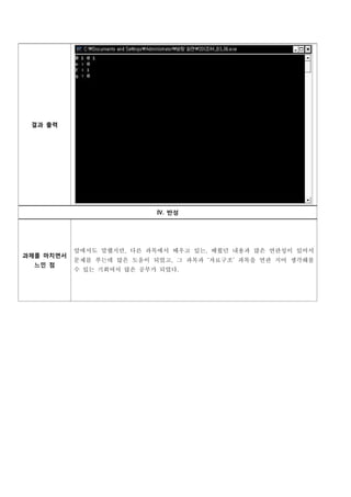 결과 출력




                           Ⅳ. 반성




           앞에서도 말했지만, 다른 과목에서 배우고 있는, 배웠던 내용과 많은 연관성이 있어서
           문제를 푸는데 많은 도움이 되었고, 그 과목과 자료구조 과목을 연관 지어 생각해볼
과제를 마치면서

           수 있는 기회여서 많은 공부가 되었다.
  느낀 점
 