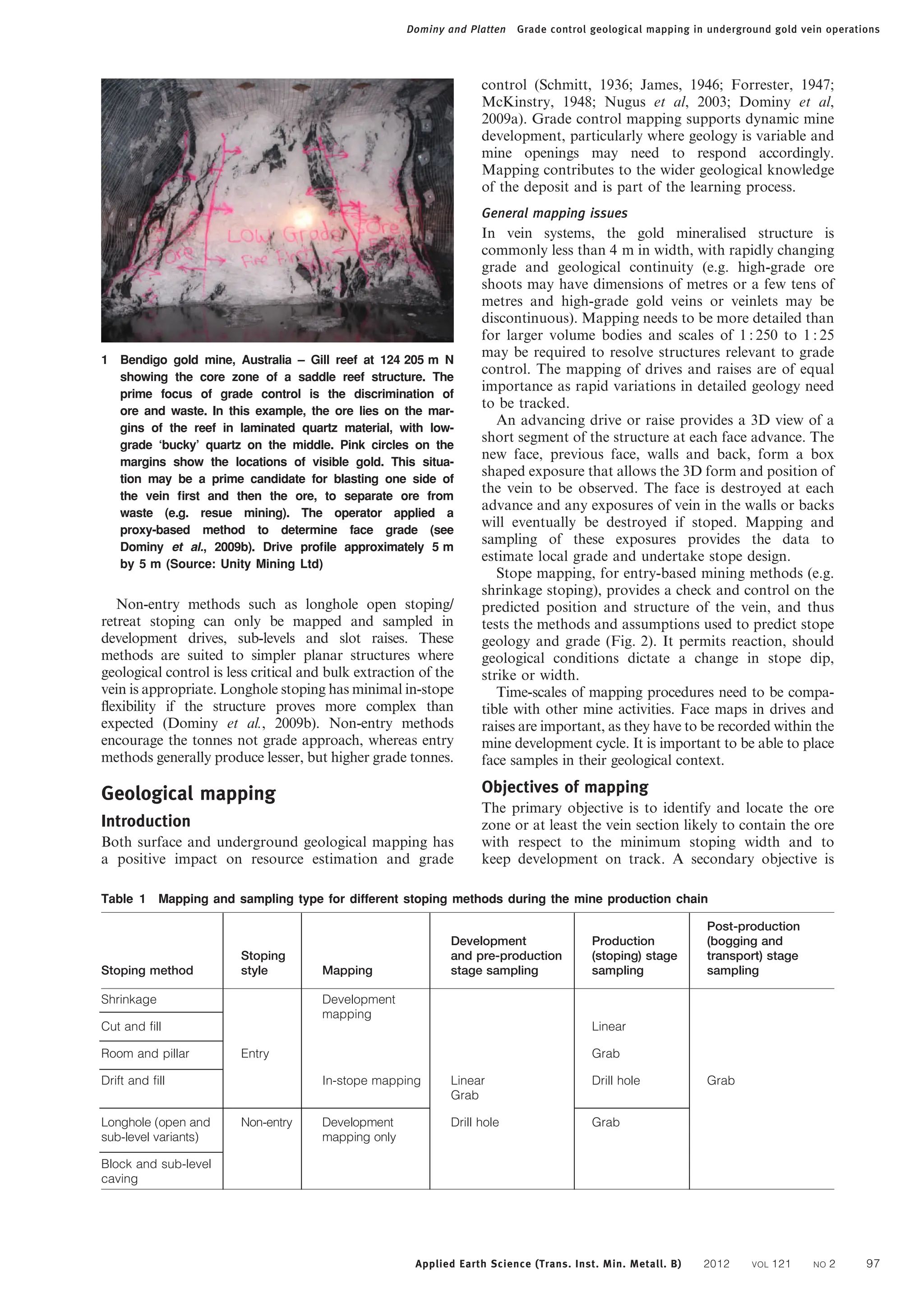 Non-entry methods such as longhole open stoping/
retreat stoping can only be mapped and sampled in
development drives, sub-levels and slot raises. These
methods are suited to simpler planar structures where
geological control is less critical and bulk extraction of the
vein is appropriate. Longhole stoping has minimal in-stope
flexibility if the structure proves more complex than
expected (Dominy et al., 2009b). Non-entry methods
encourage the tonnes not grade approach, whereas entry
methods generally produce lesser, but higher grade tonnes.
Geological mapping
Introduction
Both surface and underground geological mapping has
a positive impact on resource estimation and grade
control (Schmitt, 1936; James, 1946; Forrester, 1947;
McKinstry, 1948; Nugus et al, 2003; Dominy et al,
2009a). Grade control mapping supports dynamic mine
development, particularly where geology is variable and
mine openings may need to respond accordingly.
Mapping contributes to the wider geological knowledge
of the deposit and is part of the learning process.
General mapping issues
In vein systems, the gold mineralised structure is
commonly less than 4 m in width, with rapidly changing
grade and geological continuity (e.g. high-grade ore
shoots may have dimensions of metres or a few tens of
metres and high-grade gold veins or veinlets may be
discontinuous). Mapping needs to be more detailed than
for larger volume bodies and scales of 1 : 250 to 1 : 25
may be required to resolve structures relevant to grade
control. The mapping of drives and raises are of equal
importance as rapid variations in detailed geology need
to be tracked.
An advancing drive or raise provides a 3D view of a
short segment of the structure at each face advance. The
new face, previous face, walls and back, form a box
shaped exposure that allows the 3D form and position of
the vein to be observed. The face is destroyed at each
advance and any exposures of vein in the walls or backs
will eventually be destroyed if stoped. Mapping and
sampling of these exposures provides the data to
estimate local grade and undertake stope design.
Stope mapping, for entry-based mining methods (e.g.
shrinkage stoping), provides a check and control on the
predicted position and structure of the vein, and thus
tests the methods and assumptions used to predict stope
geology and grade (Fig. 2). It permits reaction, should
geological conditions dictate a change in stope dip,
strike or width.
Time-scales of mapping procedures need to be compa-
tible with other mine activities. Face maps in drives and
raises are important, as they have to be recorded within the
mine development cycle. It is important to be able to place
face samples in their geological context.
Objectives of mapping
The primary objective is to identify and locate the ore
zone or at least the vein section likely to contain the ore
with respect to the minimum stoping width and to
keep development on track. A secondary objective is
1 Bendigo gold mine, Australia – Gill reef at 124 205 m N
showing the core zone of a saddle reef structure. The
prime focus of grade control is the discrimination of
ore and waste. In this example, the ore lies on the mar-
gins of the reef in laminated quartz material, with low-
grade ‘bucky’ quartz on the middle. Pink circles on the
margins show the locations of visible gold. This situa-
tion may be a prime candidate for blasting one side of
the vein ﬁrst and then the ore, to separate ore from
waste (e.g. resue mining). The operator applied a
proxy-based method to determine face grade (see
Dominy et al., 2009b). Drive proﬁle approximately 5 m
by 5 m (Source: Unity Mining Ltd)
Table 1 Mapping and sampling type for different stoping methods during the mine production chain
Stoping method
Stoping
style Mapping
Development
and pre-production
stage sampling
Production
(stoping) stage
sampling
Post-production
(bogging and
transport) stage
sampling
Shrinkage Development
mapping
Cut and fill Linear
Room and pillar Entry Grab
Drift and fill In-stope mapping Linear Drill hole Grab
Grab
Longhole (open and
sub-level variants)
Non-entry Development
mapping only
Drill hole Grab
Block and sub-level
caving
Dominy and Platten Grade control geological mapping in underground gold vein operations
Applied Earth Science (Trans. Inst. Min. Metall. B) 2012 VOL 121 NO 2 97
 