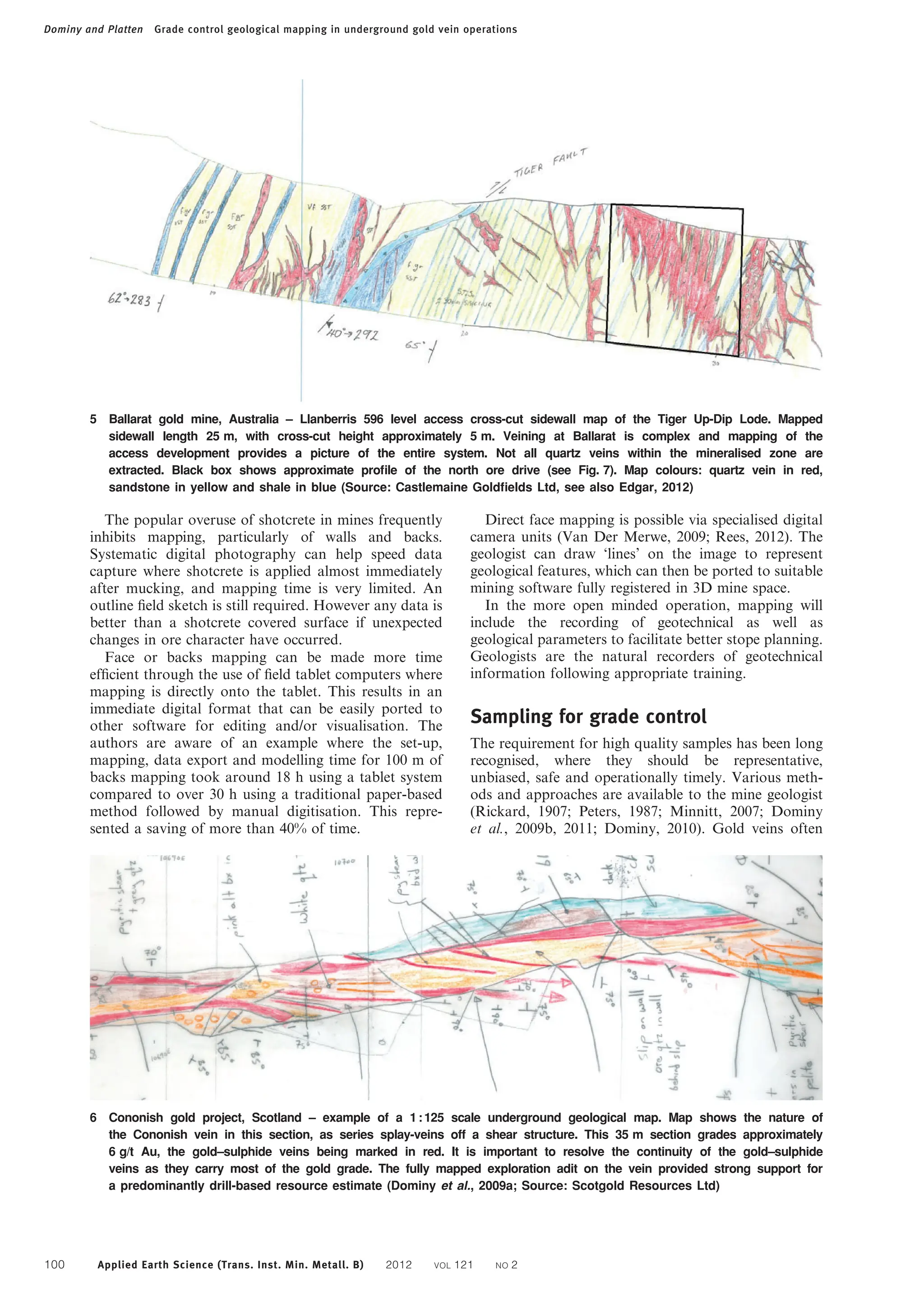The popular overuse of shotcrete in mines frequently
inhibits mapping, particularly of walls and backs.
Systematic digital photography can help speed data
capture where shotcrete is applied almost immediately
after mucking, and mapping time is very limited. An
outline field sketch is still required. However any data is
better than a shotcrete covered surface if unexpected
changes in ore character have occurred.
Face or backs mapping can be made more time
efficient through the use of field tablet computers where
mapping is directly onto the tablet. This results in an
immediate digital format that can be easily ported to
other software for editing and/or visualisation. The
authors are aware of an example where the set-up,
mapping, data export and modelling time for 100 m of
backs mapping took around 18 h using a tablet system
compared to over 30 h using a traditional paper-based
method followed by manual digitisation. This repre-
sented a saving of more than 40% of time.
Direct face mapping is possible via specialised digital
camera units (Van Der Merwe, 2009; Rees, 2012). The
geologist can draw ‘lines’ on the image to represent
geological features, which can then be ported to suitable
mining software fully registered in 3D mine space.
In the more open minded operation, mapping will
include the recording of geotechnical as well as
geological parameters to facilitate better stope planning.
Geologists are the natural recorders of geotechnical
information following appropriate training.
Sampling for grade control
The requirement for high quality samples has been long
recognised, where they should be representative,
unbiased, safe and operationally timely. Various meth-
ods and approaches are available to the mine geologist
(Rickard, 1907; Peters, 1987; Minnitt, 2007; Dominy
et al., 2009b, 2011; Dominy, 2010). Gold veins often
5 Ballarat gold mine, Australia – Llanberris 596 level access cross-cut sidewall map of the Tiger Up-Dip Lode. Mapped
sidewall length 25 m, with cross-cut height approximately 5 m. Veining at Ballarat is complex and mapping of the
access development provides a picture of the entire system. Not all quartz veins within the mineralised zone are
extracted. Black box shows approximate proﬁle of the north ore drive (see Fig. 7). Map colours: quartz vein in red,
sandstone in yellow and shale in blue (Source: Castlemaine Goldﬁelds Ltd, see also Edgar, 2012)
6 Cononish gold project, Scotland – example of a 1:125 scale underground geological map. Map shows the nature of
the Cononish vein in this section, as series splay-veins off a shear structure. This 35 m section grades approximately
6 g/t Au, the gold–sulphide veins being marked in red. It is important to resolve the continuity of the gold–sulphide
veins as they carry most of the gold grade. The fully mapped exploration adit on the vein provided strong support for
a predominantly drill-based resource estimate (Dominy et al., 2009a; Source: Scotgold Resources Ltd)
Dominy and Platten Grade control geological mapping in underground gold vein operations
100 Applied Earth Science (Trans. Inst. Min. Metall. B) 2012 VOL 121 NO 2
 