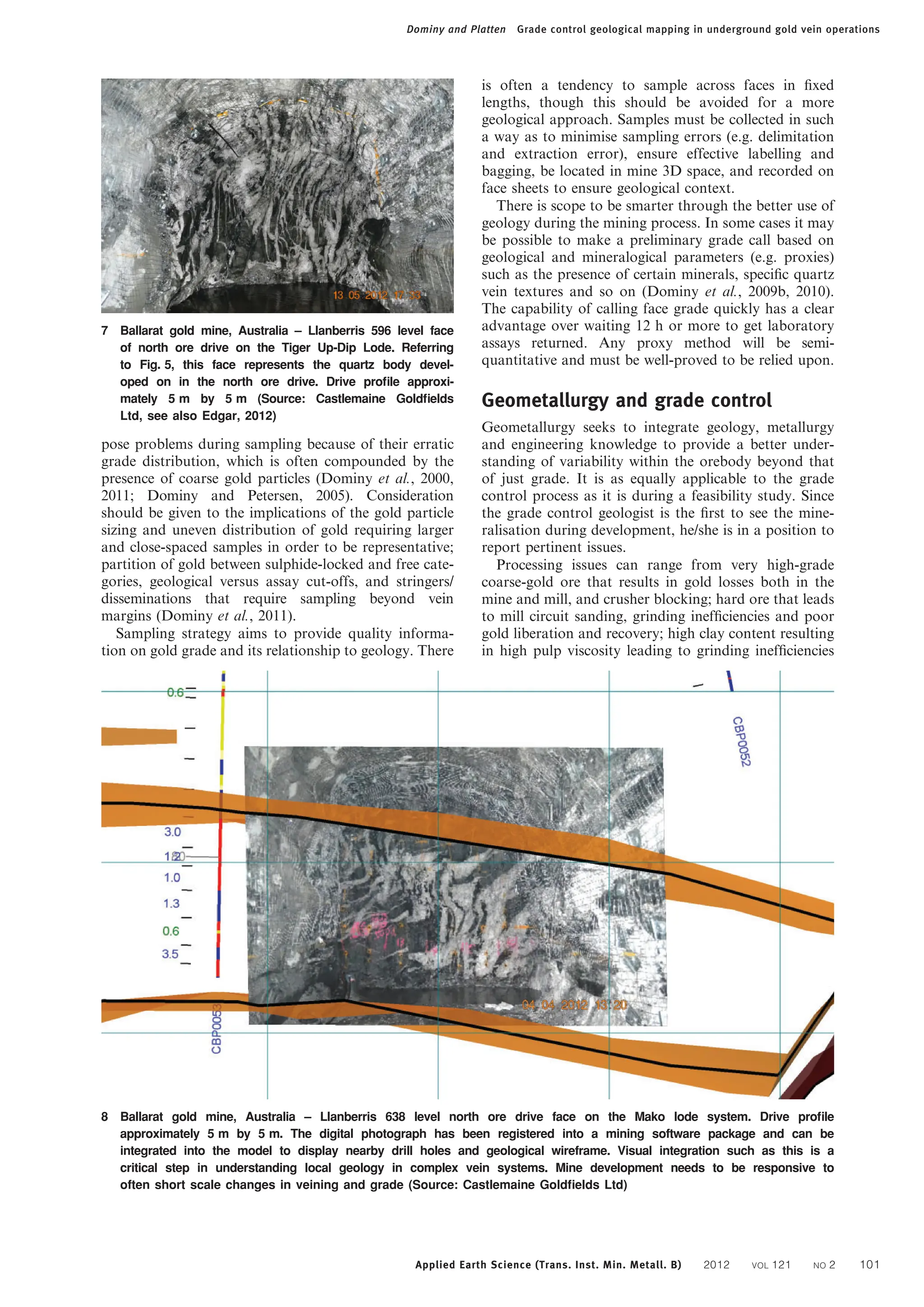 pose problems during sampling because of their erratic
grade distribution, which is often compounded by the
presence of coarse gold particles (Dominy et al., 2000,
2011; Dominy and Petersen, 2005). Consideration
should be given to the implications of the gold particle
sizing and uneven distribution of gold requiring larger
and close-spaced samples in order to be representative;
partition of gold between sulphide-locked and free cate-
gories, geological versus assay cut-offs, and stringers/
disseminations that require sampling beyond vein
margins (Dominy et al., 2011).
Sampling strategy aims to provide quality informa-
tion on gold grade and its relationship to geology. There
is often a tendency to sample across faces in fixed
lengths, though this should be avoided for a more
geological approach. Samples must be collected in such
a way as to minimise sampling errors (e.g. delimitation
and extraction error), ensure effective labelling and
bagging, be located in mine 3D space, and recorded on
face sheets to ensure geological context.
There is scope to be smarter through the better use of
geology during the mining process. In some cases it may
be possible to make a preliminary grade call based on
geological and mineralogical parameters (e.g. proxies)
such as the presence of certain minerals, specific quartz
vein textures and so on (Dominy et al., 2009b, 2010).
The capability of calling face grade quickly has a clear
advantage over waiting 12 h or more to get laboratory
assays returned. Any proxy method will be semi-
quantitative and must be well-proved to be relied upon.
Geometallurgy and grade control
Geometallurgy seeks to integrate geology, metallurgy
and engineering knowledge to provide a better under-
standing of variability within the orebody beyond that
of just grade. It is as equally applicable to the grade
control process as it is during a feasibility study. Since
the grade control geologist is the first to see the mine-
ralisation during development, he/she is in a position to
report pertinent issues.
Processing issues can range from very high-grade
coarse-gold ore that results in gold losses both in the
mine and mill, and crusher blocking; hard ore that leads
to mill circuit sanding, grinding inefficiencies and poor
gold liberation and recovery; high clay content resulting
in high pulp viscosity leading to grinding inefficiencies
7 Ballarat gold mine, Australia – Llanberris 596 level face
of north ore drive on the Tiger Up-Dip Lode. Referring
to Fig. 5, this face represents the quartz body devel-
oped on in the north ore drive. Drive proﬁle approxi-
mately 5 m by 5 m (Source: Castlemaine Goldﬁelds
Ltd, see also Edgar, 2012)
8 Ballarat gold mine, Australia – Llanberris 638 level north ore drive face on the Mako lode system. Drive proﬁle
approximately 5 m by 5 m. The digital photograph has been registered into a mining software package and can be
integrated into the model to display nearby drill holes and geological wireframe. Visual integration such as this is a
critical step in understanding local geology in complex vein systems. Mine development needs to be responsive to
often short scale changes in veining and grade (Source: Castlemaine Goldﬁelds Ltd)
Dominy and Platten Grade control geological mapping in underground gold vein operations
Applied Earth Science (Trans. Inst. Min. Metall. B) 2012 VOL 121 NO 2 101
 