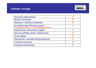 riepilogo vantaggi


   Struttura organizzativa                                    
   Brand e Immagine                                           
   Network / relazioni di business                            
   Accreditamento Ministero Lavoro                            
   Con Protocollo definitivo N. 13/1/0015860 del 16/11/2010
   Supporto per esecuzione progetti                           
   Service portfolio ampio e referenziato                     
   Cross selling                                              
   Partnership nazionali ed internazionali                    
   Crescita economica                                         
   Crescita professionale                                     
 