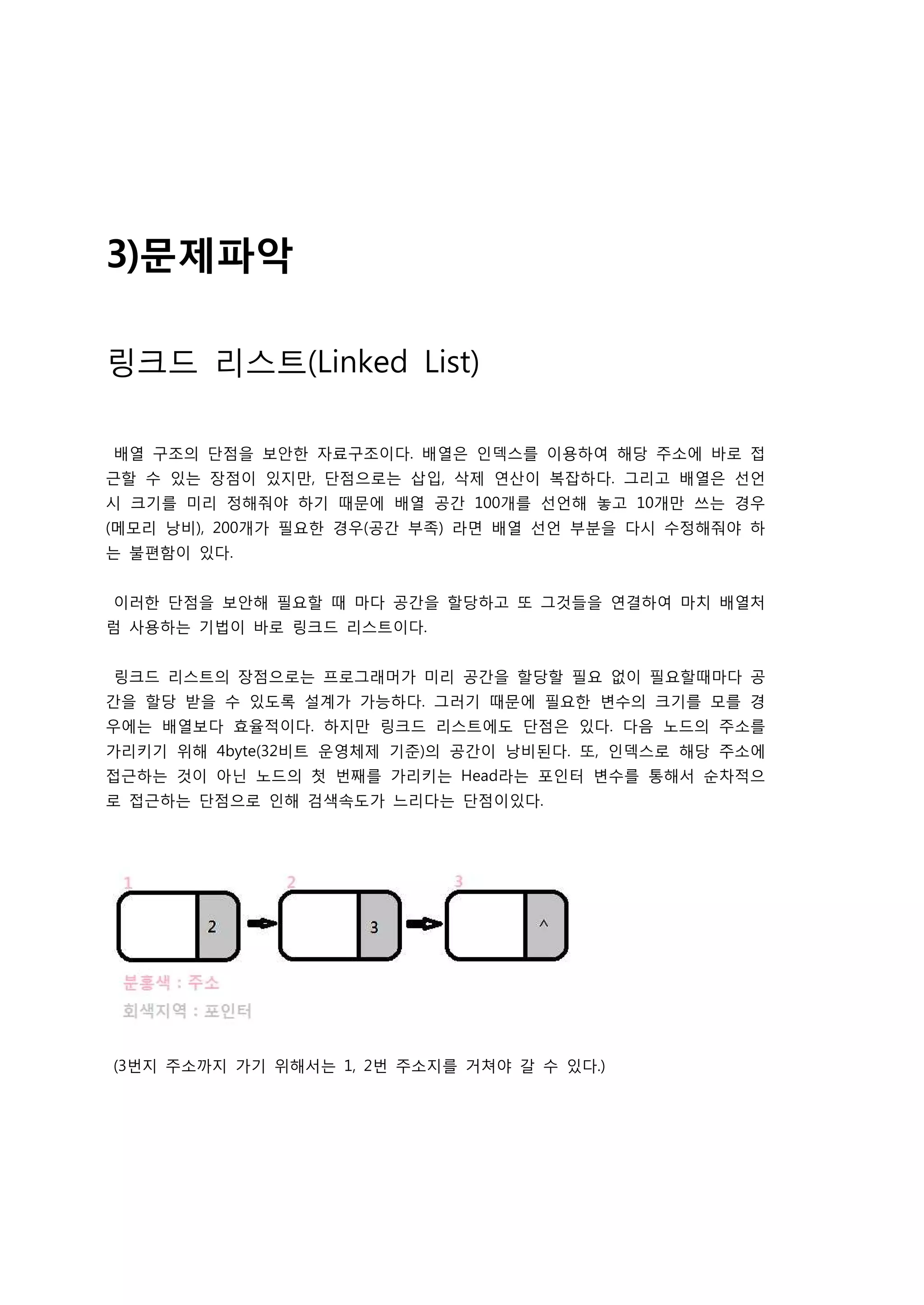 3)문제파악

링크드 리스트(Linked List)

배열 구조의 단점을 보안한 자료구조이다. 배열은 인덱스를 이용하여 해당 주소에 바로 접
근할 수 있는 장점이 있지만, 단점으로는 삽입, 삭제 연산이 복잡하다. 그리고 배열은 선언
시 크기를 미리 정해줘야 하기 때문에 배열 공간 100개를 선언해 놓고 10개만 쓰는 경우
(메모리 낭비), 200개가 필요한 경우(공간 부족) 라면 배열 선언 부분을 다시 수정해줘야 하
는 불편함이 있다.


이러한 단점을 보안해 필요할 때 마다 공간을 할당하고 또 그것들을 연결하여 마치 배열처
럼 사용하는 기법이 바로 링크드 리스트이다.


링크드 리스트의 장점으로는 프로그래머가 미리 공간을 할당할 필요 없이 필요할때마다 공
간을 할당 받을 수 있도록 설계가 가능하다. 그러기 때문에 필요한 변수의 크기를 모를 경
우에는 배열보다 효율적이다. 하지만 링크드 리스트에도 단점은 있다. 다음 노드의 주소를
가리키기 위해 4byte(32비트 운영체제 기준)의 공간이 낭비된다. 또, 인덱스로 해당 주소에
접근하는 것이 아닌 노드의 첫 번째를 가리키는 Head라는 포인터 변수를 통해서 순차적으
로 접근하는 단점으로 인해 검색속도가 느리다는 단점이있다.




(3번지 주소까지 가기 위해서는 1, 2번 주소지를 거쳐야 갈 수 있다.)
 
