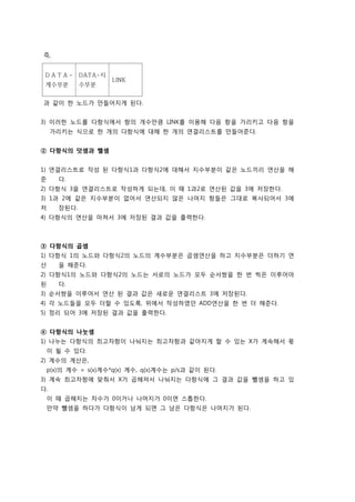 즉,


 DATA-       DATA-지
                      LINK
 계수부분        수부분


과 같이 한 노드가 만들어지게 된다.


3) 이러한 노드를 다항식에서 항의 개수만큼 LINK를 이용해 다음 항을 가리키고 다음 항을
     가리키는 식으로 한 개의 다항식에 대해 한 개의 연결리스트를 만들어준다.


② 다항식의 덧셈과 뺄셈


1) 연결리스트로 작성 된 다항식1과 다항식2에 대해서 지수부분이 같은 노드끼리 연산을 해
준     다.
2) 다항식 3을 연결리스트로 작성하게 되는데, 이 때 1과2로 연산된 값을 3에 저장한다.
3) 1과 2에 같은 지수부분이 없어서 연산되지 않은 나머지 항들은 그대로 복사되어서 3에
저     장된다.
4) 다항식의 연산을 마쳐서 3에 저장된 결과 값을 출력한다.



③ 다항식의 곱셈
1) 다항식 1의 노드와 다항식2의 노드의 계수부분은 곱셈연산을 하고 지수부분은 더하기 연
산     을 해준다.
2) 다항식1의 노드와 다항식2의 노드는 서로의 노드가 모두 순서쌍을 한 번 씩은 이루어야
된     다.
3) 순서쌍을 이루어서 연산 된 결과 값은 새로운 연결리스트 3에 저장된다.
4) 각 노드들을 모두 더할 수 있도록, 위에서 작성하였던 ADD연산을 한 번 더 해준다.
5) 정리 되어 3에 저장된 결과 값을 출력한다.


④ 다항식의 나눗셈
1) 나누는 다항식의 최고차항이 나눠지는 최고차항과 같아지게 할 수 있는 X가 계속해서 몫
 이 될 수 있다.
2) 계수의 계산은,
 p(x)의 계수 = s(x)계수*q(x) 계수, q(x)계수는 p/s과 같이 된다.
3) 계속 최고차항에 맞춰서 X가 곱해져서 나눠지는 다항식에 그 결과 값을 뺄셈을 하고 있
다.
 이 때 곱해지는 차수가 0이거나 나머지가 0이면 스톱한다.
 만약 뺄셈을 하다가 다항식이 남게 되면 그 남은 다항식은 나머지가 된다.
 