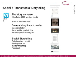 Web as platform
   Social + TransMedia Storytelling

                  The story universe:
                  „En el año 2030 un virus mortal
    storif
    y
                  ataca a San Bernardo“

                  Several storylines + media
                  a personal story
                  the scientific point of view
                  the site-specific history etc.


                  Social Storytelling
                  Collaborative + social:
                  Partizipation via
                  Twitter #hashtag
                  Facebook



Dr. J. Borner | Dr. Jutta Franzen | www.kmgne.de | www.twitter.com/KMGNE | www.facebook.com/KMGNE | Juni 2012|   8
 