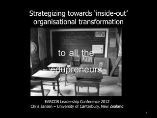 Strategizing towards „inside-out‟
 organisational transformation




        EARCOS Leadership Conference 2012
Chris Jansen – University of Canterbury, New Zealand
                                                       1
 