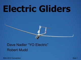 Electric Gliders


    Dave Nadler “YO Electric”
    Robert Mudd

SSA 2012 Convention             Slide 1
 