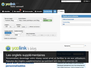 Les onglets supplé mentaires
Personnalisez davantage votre réseau social privé et facilitez la vie aux utilisateurs.
Rajoutez des onglets supplémentaires qui pointent vers des sites externes clé.
 