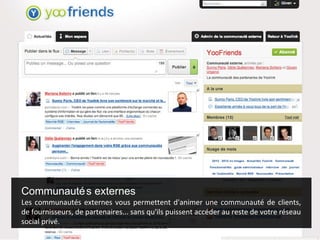 Communauté s externes
Les communautés externes vous permettent d'animer une communauté de clients,
de fournisseurs, de partenaires... sans qu'ils puissent accéder au reste de votre réseau
social privé.
 