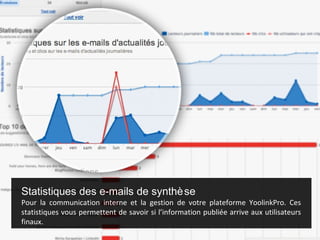 Statistiques des e-mails de synthè se
Pour la communication interne et la gestion de votre plateforme YoolinkPro. Ces
statistiques vous permettent de savoir si l’information publiée arrive aux utilisateurs
finaux.
 