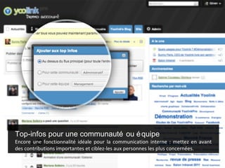 Top-infos pour une communauté ou é quipe
Encore une fonctionnalité idéale pour la communication interne : mettez en avant
des contributions importantes et ciblez-les aux personnes les plus concernées.
 