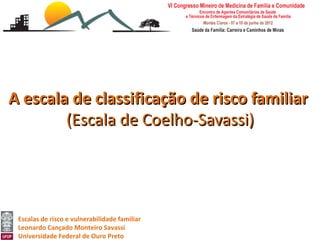 A escala de classificação de risco familiar
        (Escala de Coelho-Savassi)




 Escalas de risco e vulnerabilidade familiar
 Leonardo Cançado Monteiro Savassi
 Universidade Federal de Ouro Preto
 