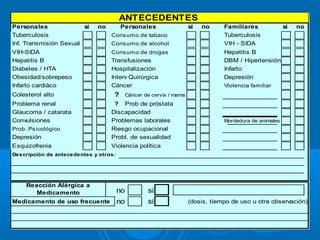 ANTECEDENTES
Personales              si   no        Personales                     si   no     Familiares              si   no
Tuberculosis                      Consumo de tabaco                               Tuberculosis
Inf. Transmisión Sexual           Consumo de alcohol                              VIH - SIDA
VIH-SIDA                          Consumo de drogas                               Hepatitis B
Hepatitis B                       Transfusiones                                   DBM / Hipertensión
Diabetes / HTA                    Hospitalización                                 Infarto
Obesidad/sobrepeso                Interv Quirúrgica                               Depresión
Infarto cardiáco                  Cáncer                                          Violencia familiar
Colesterol alto                    ?        Cáncer de cervix / mama
Problema renal                     ? Prob de próstata
Glaucoma / catarata               Discapacidad
Convulsiones                      Problemas laborales                             Mordedura de animales
Prob. Psicológico                 Riesgo ocupacional
Depresión                         Probl. de sexualidad
Esquizofrenia                     Violencia política
Descripción de antecedentes y otros:




     Reacción Alérgica a
       Medicamento                     no           si
Medicamento de uso frecuente           no           si                (dosis, tiempo de uso u otra observación)
 