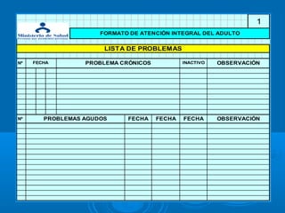 1
                      FORMATO DE ATENCIÓN INTEGRAL DEL ADULTO


                       LISTA DE PROBLEMAS

Nº   FECHA        PROBLEMA CRÓNICOS           INACTIVO   OBSERVACIÓN




Nº      PROBLEMAS AGUDOS     FECHA    FECHA   FECHA      OBSERVACIÓN
 