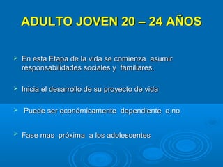ADULTO JOVEN 20 – 24 AÑOS

   En esta Etapa de la vida se comienza asumir
    responsabilidades sociales y familiares.

   Inicia el desarrollo de su proyecto de vida

   Puede ser económicamente dependiente o no


   Fase mas próxima a los adolescentes
 