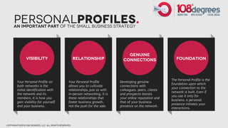 PersonalProfiles.
      An IMportant Part of the small business strategy




                                                                                     Genuine
                Visibility                              Relationship               Connections                   Foundation



                                                                                                              The Personal Profile is the
        Your Personal Profile on                   Your Personal Profile         Developing genuine
                                                                                                              foundation upon which
        both networks is the                       allows you to cultivate       connections with
                                                                                                              your connection to the
        initial identification with                relationships. Just as with   colleagues, peers, clients
                                                                                                              network is built. Even if
        the network and its                        in-person networking, it is   and prospects boosts
                                                                                                              you use it only for
        members. It is how you                     these relationships that      your online reputation and
                                                                                                              business, a personal
        gain visibility for yourself               foster business growth,       that of your business
                                                                                                              presence initiates your
        and your business.                         not the push for the sale.    presence on the network.
                                                                                                              interactions.



copyright©2012 108 degrees, llc. all rights reserved.
 