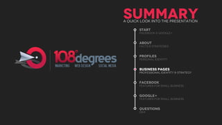 SUMMARY
A QUICK LOOK INTO THE PRESENTATION

       START
       facebook & Google+


       ABOUT
       facts & Strategies


       Profiles
       personal identity


       business pages
       professional identity & Strategy


       facebook
       features for small business


       google+
       features for small business


       questions
       Q&a
 