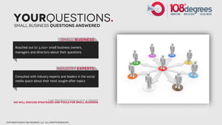 YourQuestions.
      Small Business Questions Answered


                                             Small Business
       Reached out to 3,000+ small business owners,
       managers and directors about their questions



                                          INdustry Experts

       Consulted with industry experts and leaders in the social
       media space about their most sought-after topics




                                   This presentation is not a primer
      we will discuss strategies and tools for small business




copyright©2012 108 degrees, llc. all rights reserved.
 